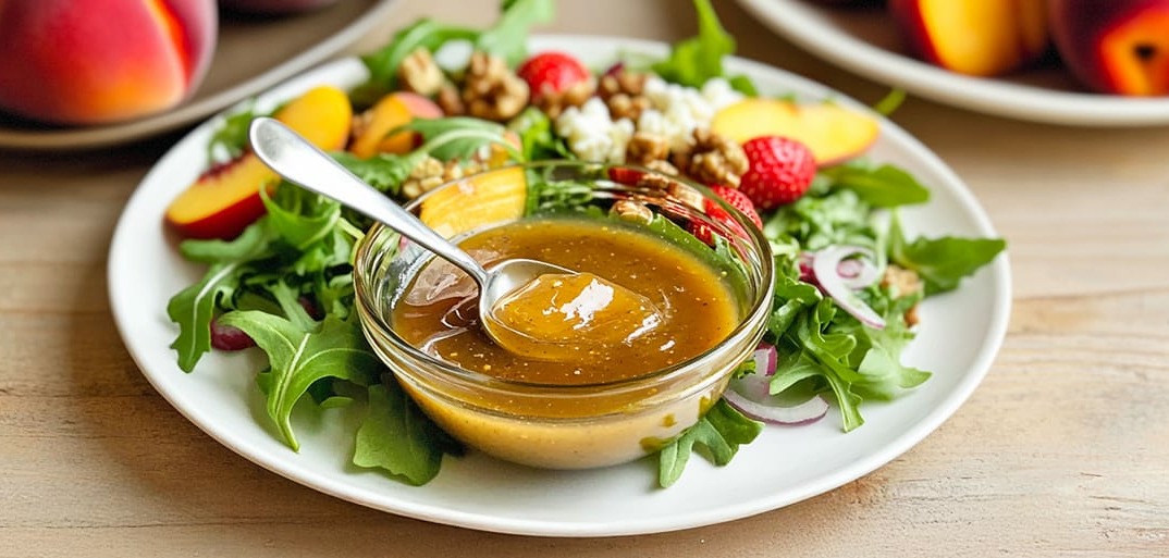 A bowl of homemade dressing placed on a wooden table, accompanied by fresh strawberries, peach slices, and a vibrant salad on a plate, all set in a warm, inviting atmosphere