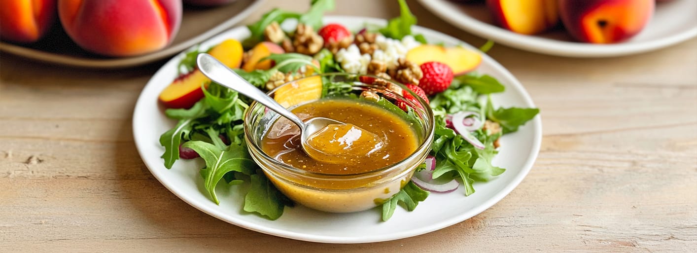 Homemade Dressing_Header_2 A bowl of homemade dressing placed on a wooden table, accompanied by fresh strawberries, peach slices, and a vibrant salad on a plate, all set in a warm, inviting atmosphere