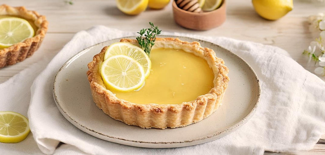 A delicious lemon tart garnished with fresh lemon slices and thyme, resting on a wooden surface with a blurred background of lemons and honey