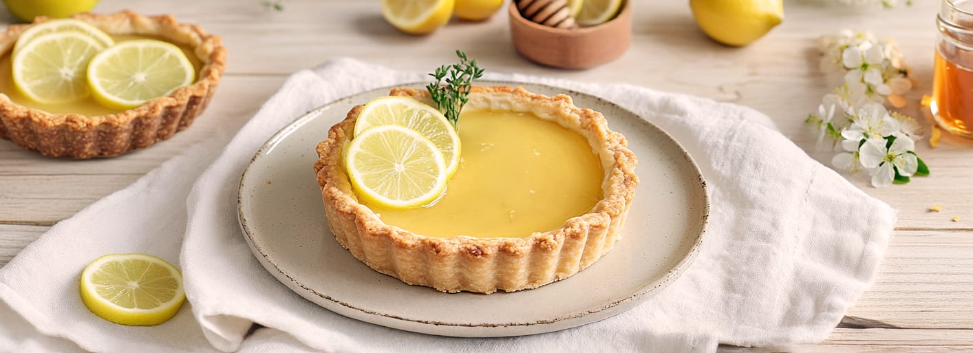 Lemon Tart _Header A delicious lemon tart garnished with fresh lemon slices and thyme, resting on a wooden surface with a blurred background of lemons and honey