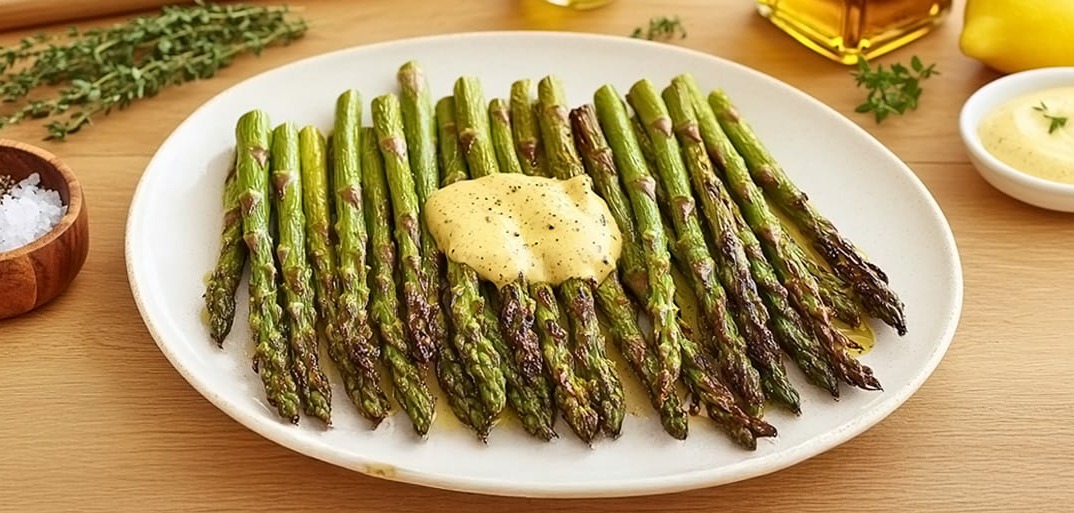 Roasted green asparagus drizzled with a flavorful sauce, served on a plate with a natural, fresh background.