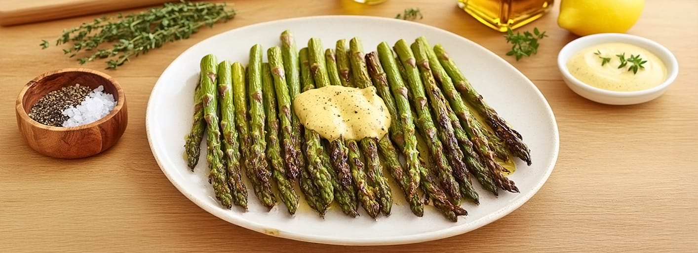 Roasted green asparagus drizzled with a flavorful sauce, served on a plate with a natural, fresh background.