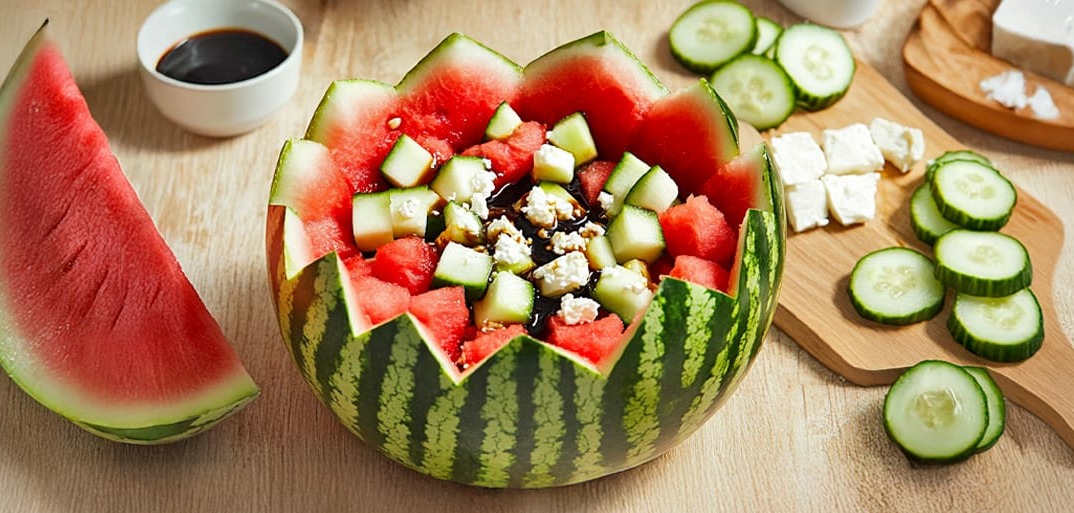 A refreshing watermelon salad served in a carved watermelon bowl with cucumber, feta cheese, and a drizzle of balsamic vinegar, surrounded by sliced cucumbers and a small bowl of balsamic dressing.