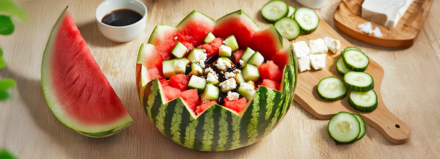 A refreshing watermelon salad served in a carved watermelon bowl with cucumber, feta cheese, and a drizzle of balsamic vinegar, surrounded by sliced cucumbers and a small bowl of balsamic dressing.