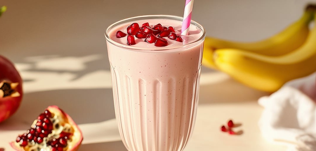 A refreshing banana and pomegranate smoothie topped with pomegranate seeds, served with a striped straw, surrounded by fresh bananas and pomegranate.