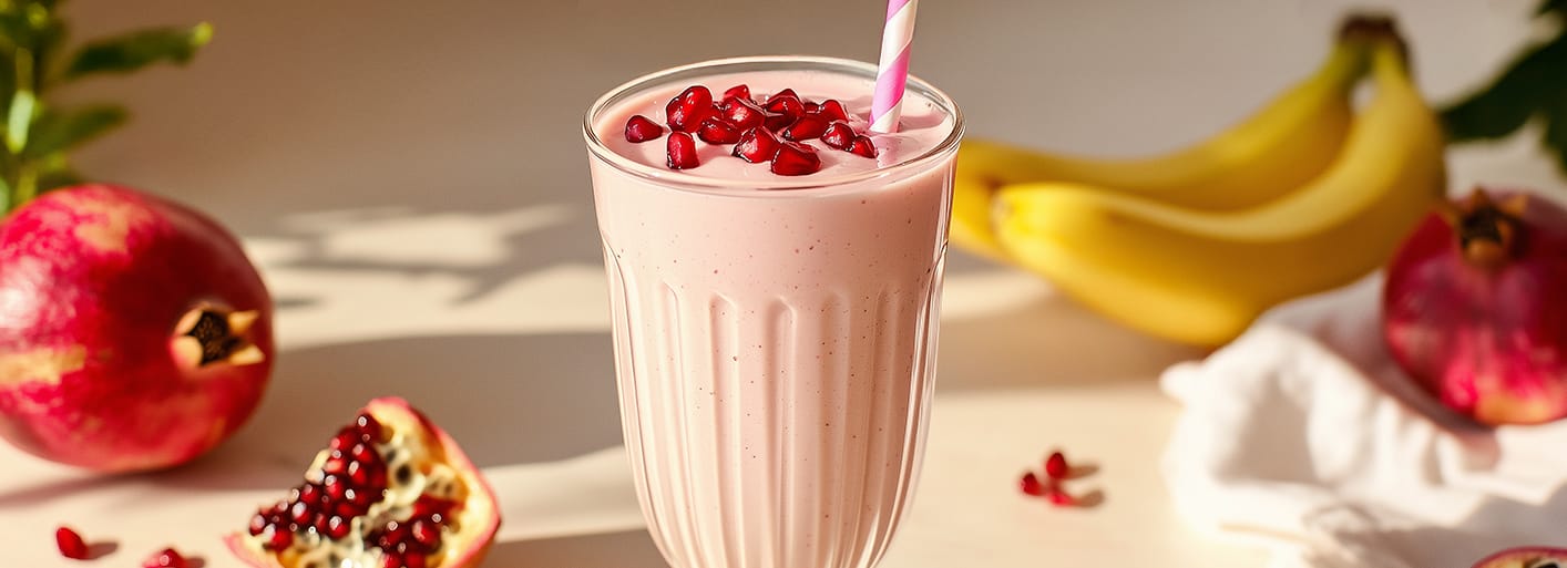 Banana & Pomegranate Smoothie _Header A refreshing banana and pomegranate smoothie topped with pomegranate seeds, served with a striped straw, surrounded by fresh bananas and pomegranate.