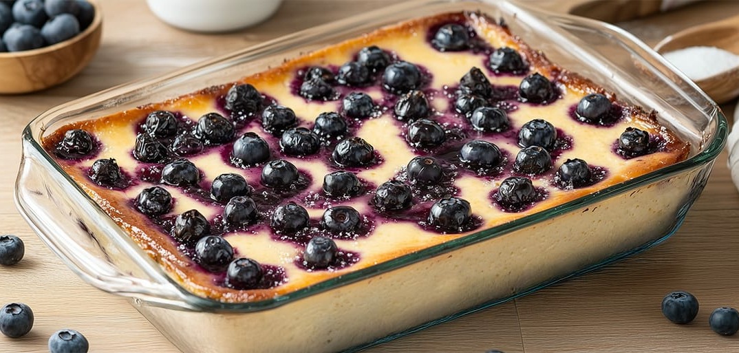 Blueberry Cheesecake _Header_2 "A freshly baked blueberry cheesecake topped with plump blueberries and syrupy blueberry glaze, surrounded by loose fresh blueberries and sugar
