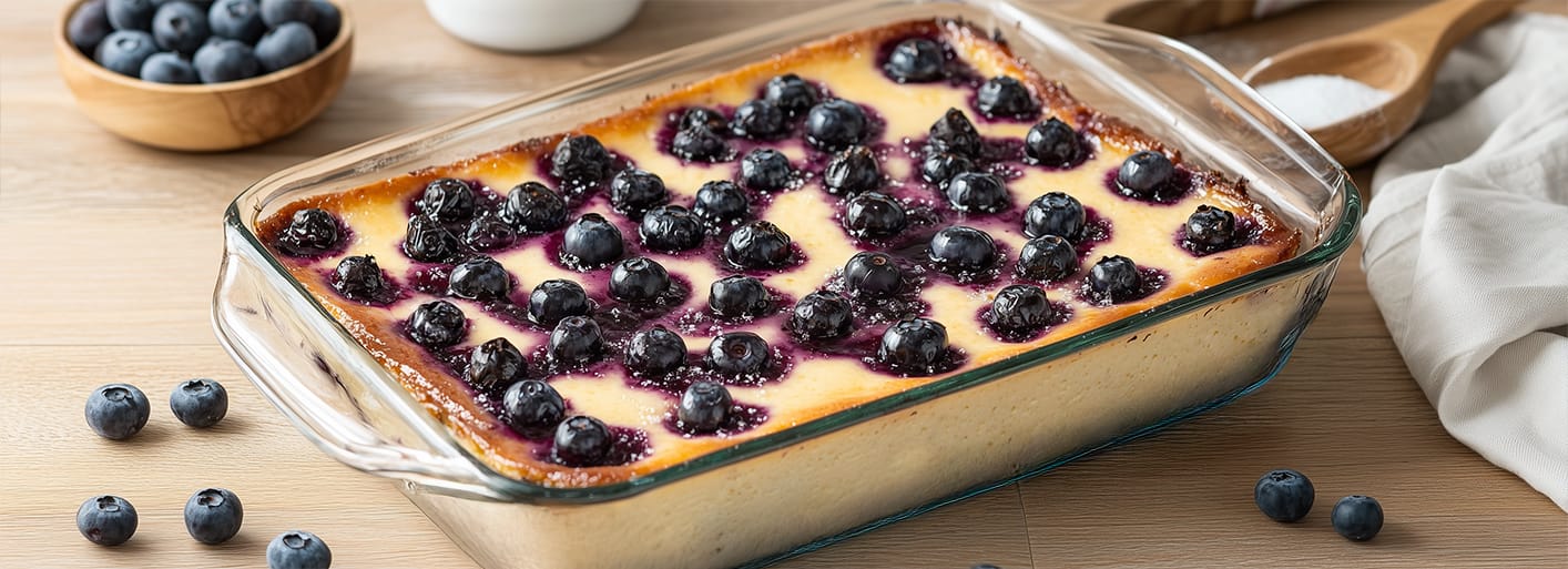 Blueberry Cheesecake _Header_2 "A freshly baked blueberry cheesecake topped with plump blueberries and syrupy blueberry glaze, surrounded by loose fresh blueberries and sugar