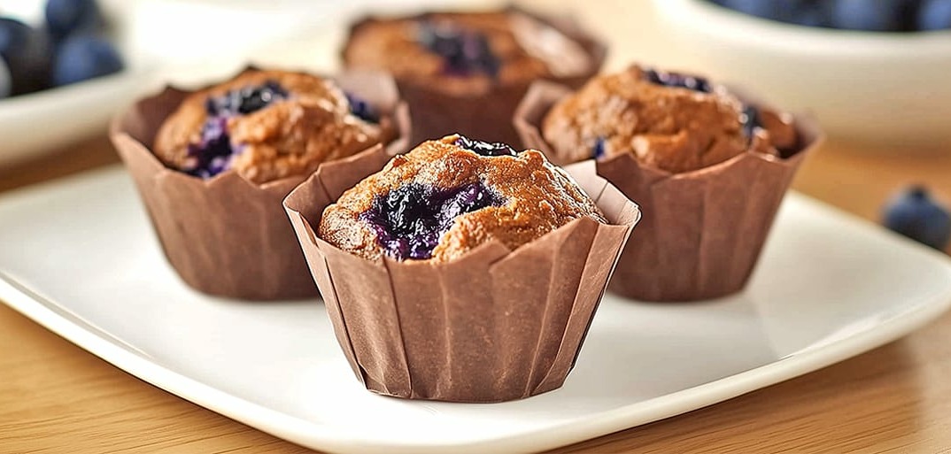 Blueberry Pumpkin Muffins _Header_2 Delicious freshly baked blueberry pumpkin muffins served on a plate, surrounded by fresh blueberries.