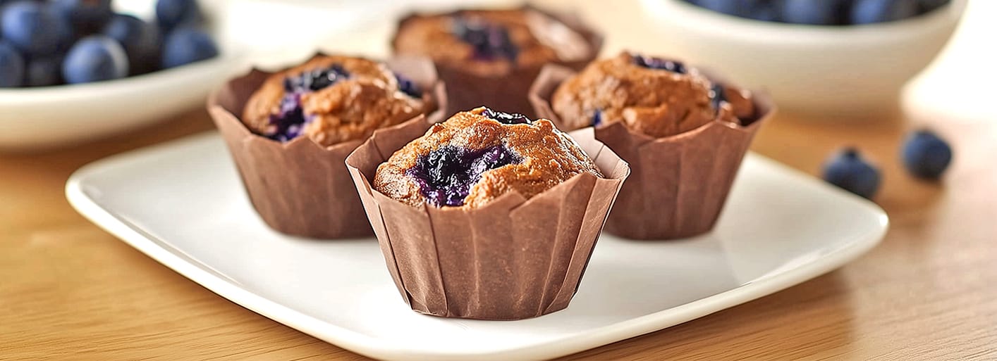 Blueberry Pumpkin Muffins _Header_2 Delicious freshly baked blueberry pumpkin muffins served on a plate, surrounded by fresh blueberries.