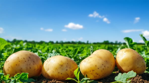 Fresh, newly harvested potatoes lying on the soil in a lush green potato field under a bright blue sky