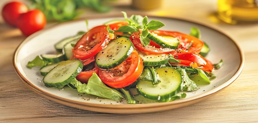 A fresh salad with slices of cucumber and ripe tomatoes, garnished with basil leaves, pepper, and olive oil on a light plate. The salad is arranged beautifully, showcasing vibrant colors.