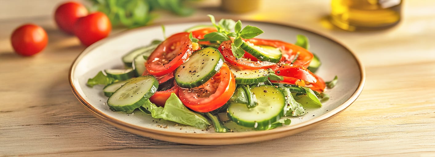 Leckeres Salat _Header_ A fresh salad with slices of cucumber and ripe tomatoes, garnished with basil leaves, pepper, and olive oil on a light plate. The salad is arranged beautifully, showcasing vibrant colors.