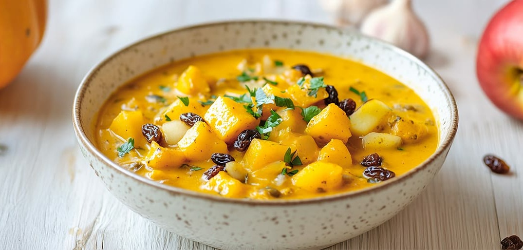 Pumpkin and apple curry served in a bowl, garnished with herbs, alongside fresh ingredients like pumpkin and apple.