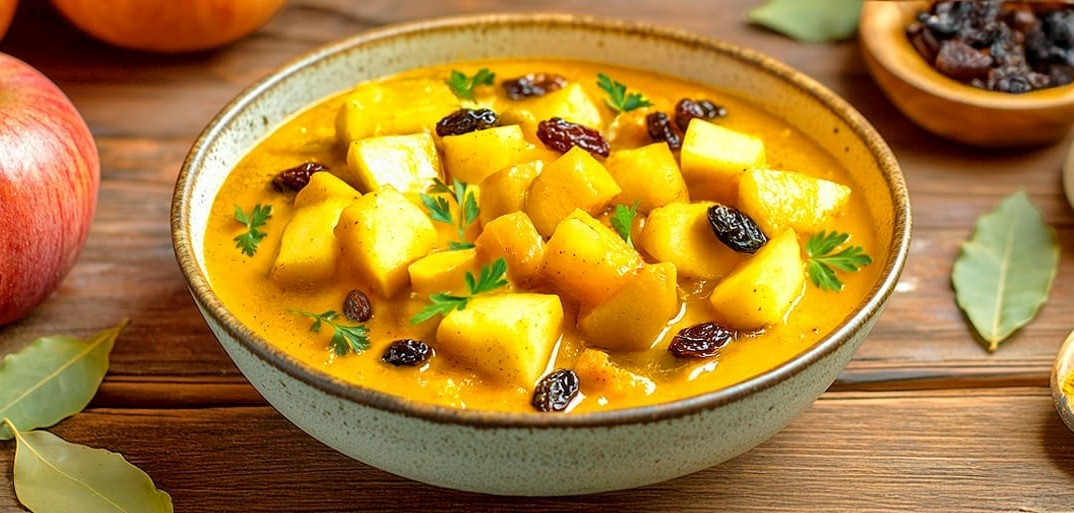 Pumpkin and apple curry served in a bowl, garnished with herbs, alongside fresh ingredients like pumpkin and apple.