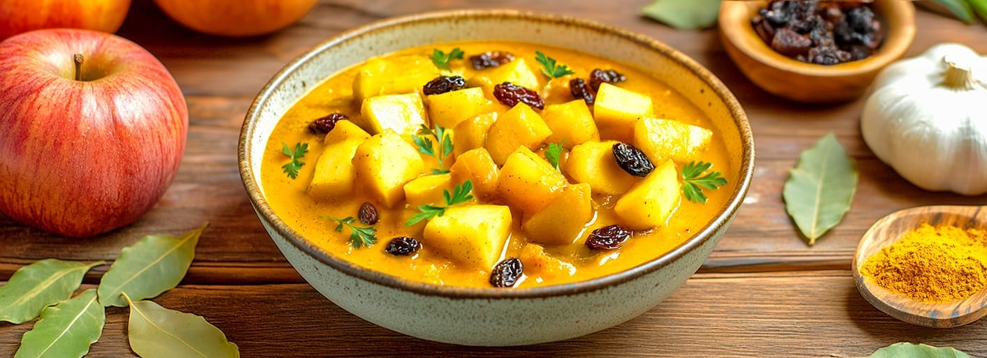Pumpkin & Apple Curry _Header_3 Pumpkin and apple curry served in a bowl, garnished with herbs, alongside fresh ingredients like pumpkin and apple.