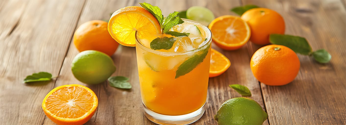 Alcohol-Free_Mandarin_Mojito_Header A glass of alcohol-free Mandarin Mojito garnished with fresh mint leaves and orange slices, surrounded by citrus fruits