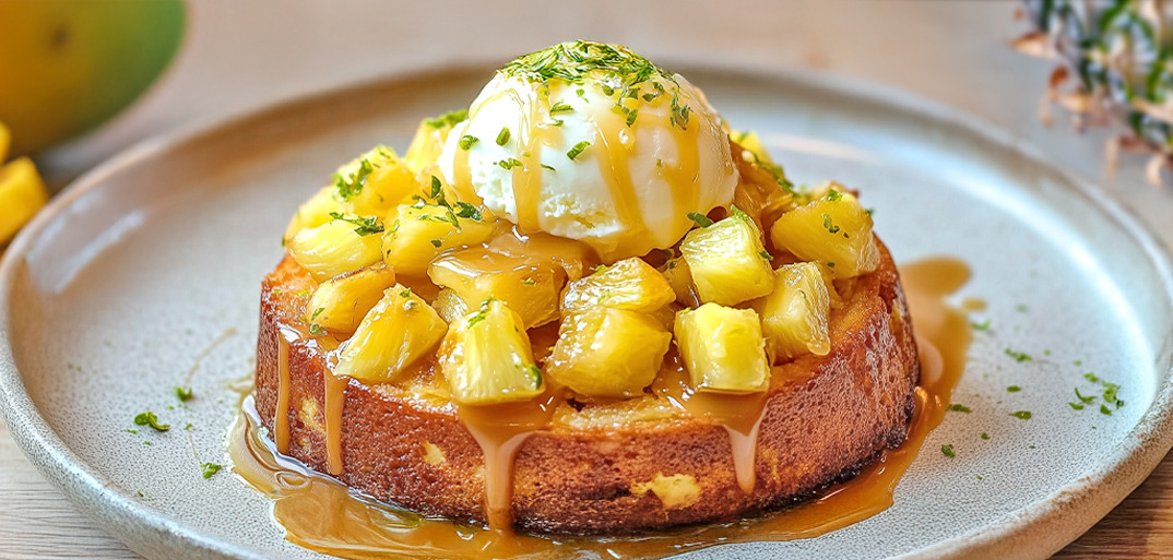 Exotic panettone topped with caramelized pineapple, served with vanilla ice cream and lime zest