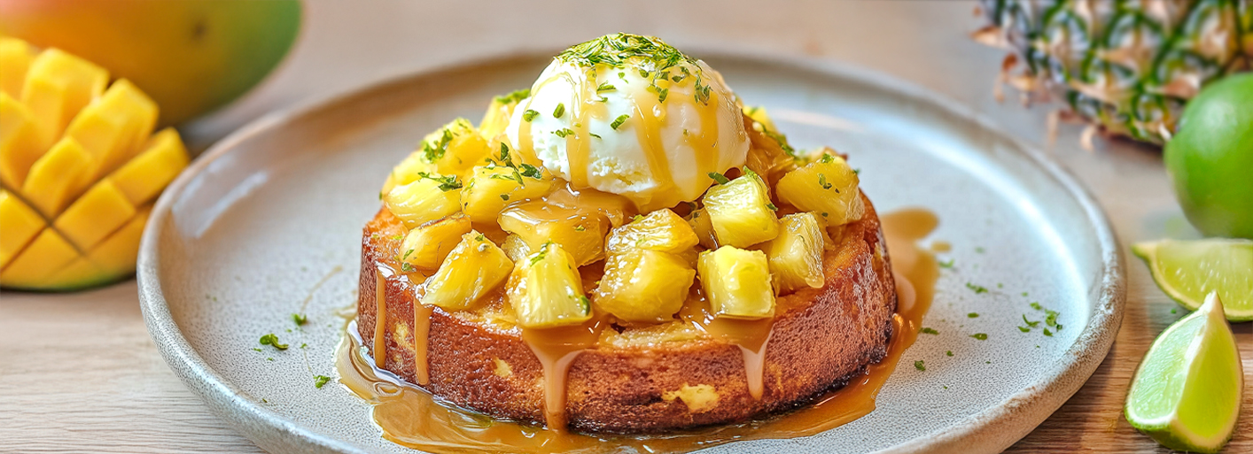 Exotic Panettone with Caramel Bliss_Header Exotic panettone topped with caramelized pineapple, served with vanilla ice cream and lime zest
