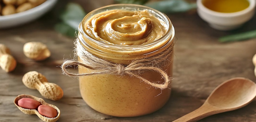 Homemade peanut butter in a glass jar with a twine wrap, surrounded by raw peanuts on a wooden surface