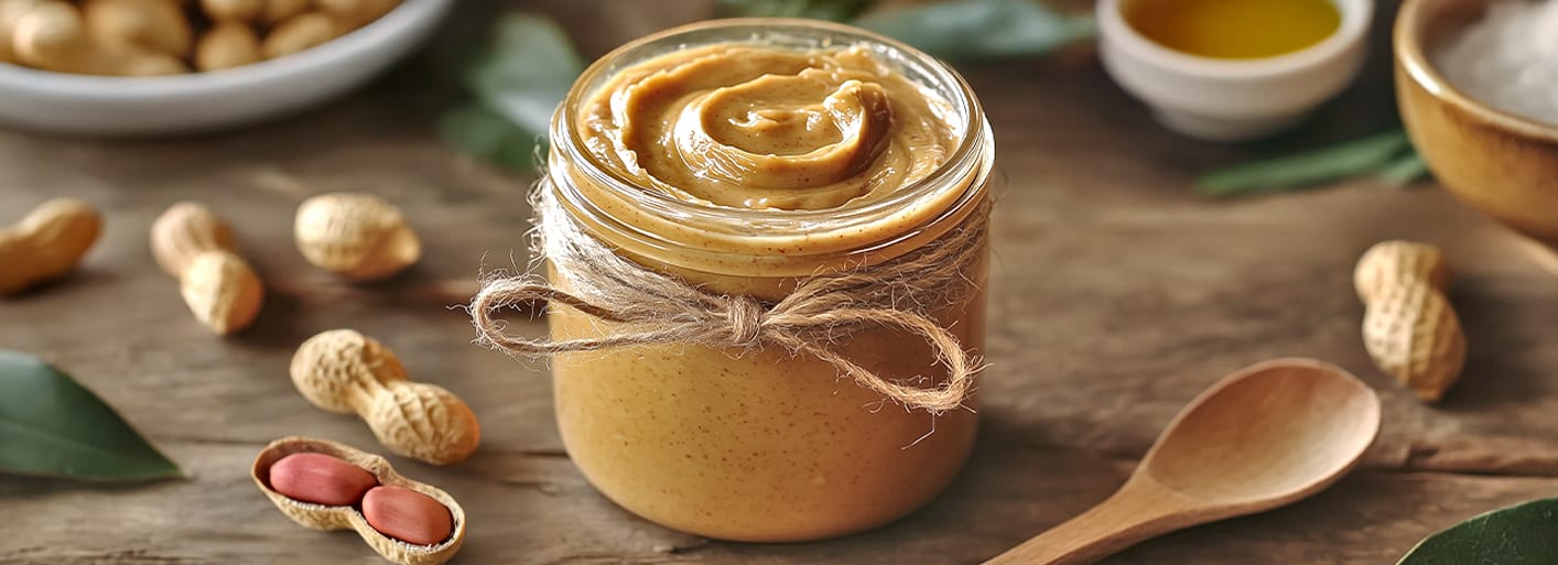 Homemade peanut butter in a glass jar with a twine wrap, surrounded by raw peanuts on a wooden surface