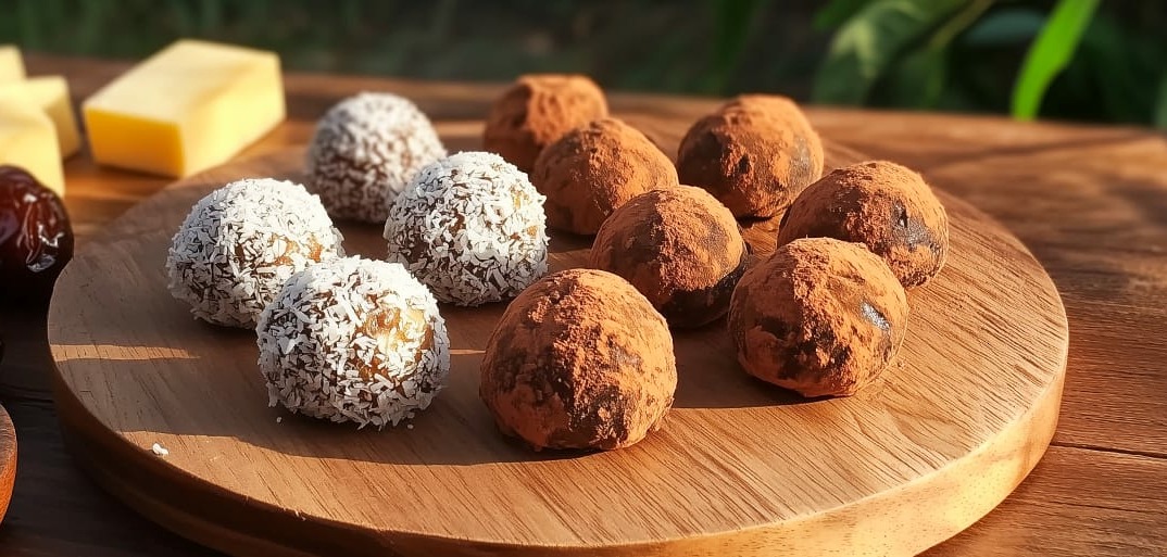 Cheese-date pralines rolled in cocoa and coconut, served with fresh dates and cheese cubes