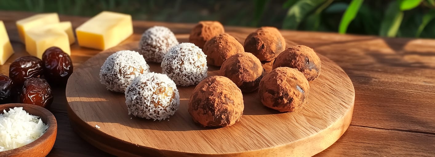 Cheese-date pralines rolled in cocoa and coconut, served with fresh dates and cheese cubes