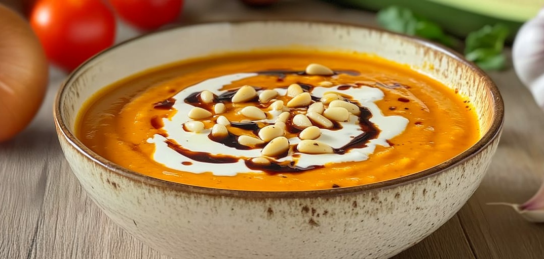 Roasted vegetable soup topped with a swirl of cream, balsamic drizzle, and pine nuts, surrounded by fresh garlic, onions, and tomatoes.
