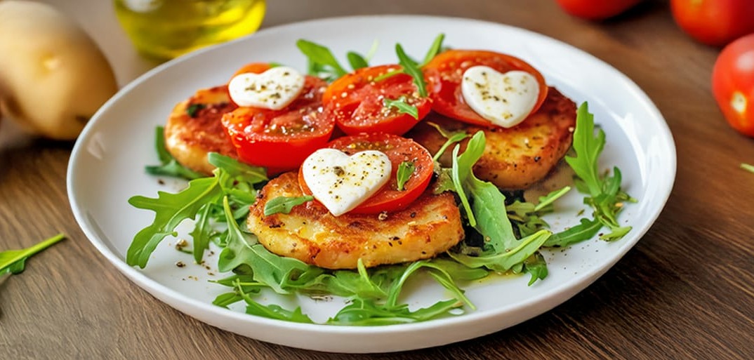 Golden baked potato cakes topped with cherry tomatoes, heart-shaped mozzarella, and arugula