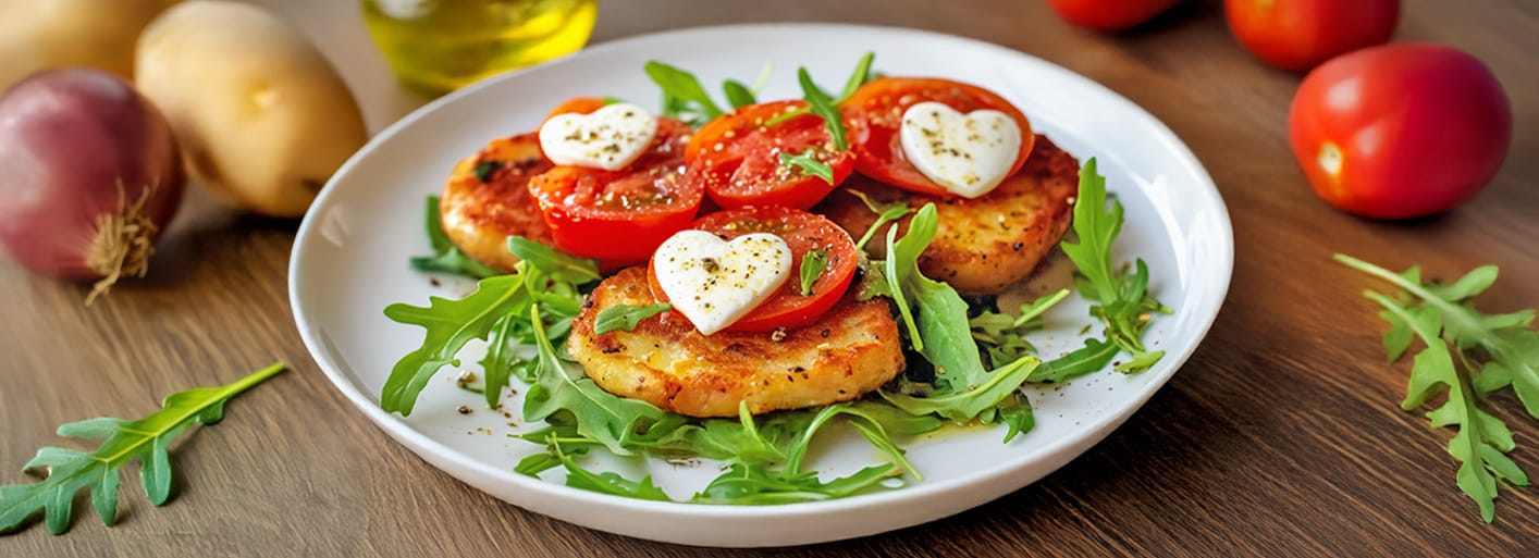 Tomato-Mozzarella Baked Potato Cakesr_header-2 Golden baked potato cakes topped with cherry tomatoes, heart-shaped mozzarella, and arugula