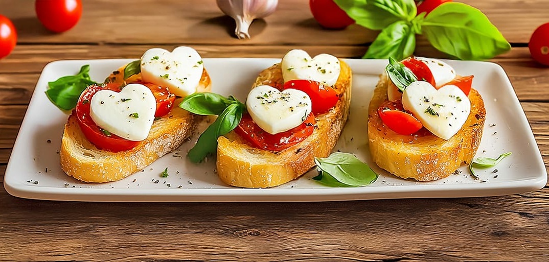 Garlic bread topped with cherry tomatoes, basil, and heart-shaped mozzarella slices