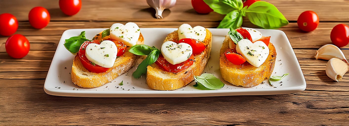 Garlic bread topped with cherry tomatoes, basil, and heart-shaped mozzarella slices