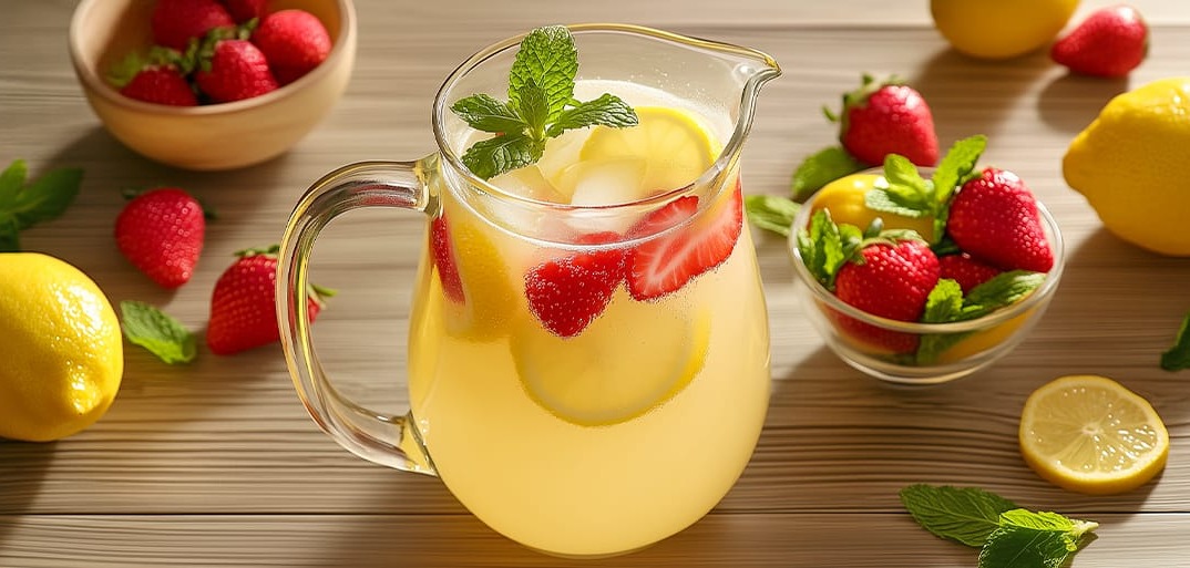 Hausgemachte Zitronen-Erdbeer-Limo_Header Refreshing lemonade with lemon slices, strawberries, and mint in a clear pitcher