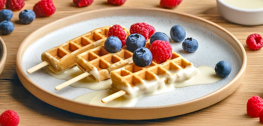 Waffle skewers topped with white chocolate, blueberries, and raspberries on a dessert plate
