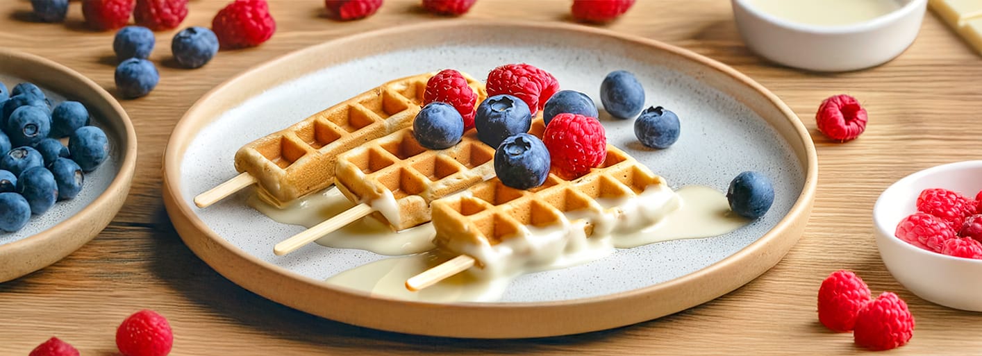 Waffle Skewers_Header_2 Waffle skewers topped with white chocolate, blueberries, and raspberries on a dessert plate