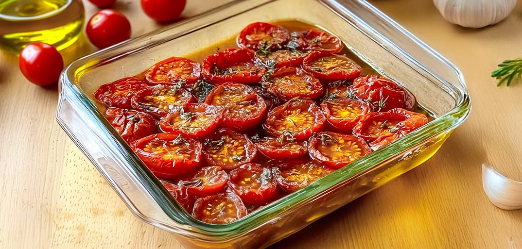 Baking dish with homemade sun-dried cherry tomatoes in olive oil with garlic and herbs