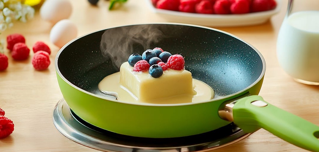 A cube of pancake batter cooking in a green frying pan, topped with fresh blueberries and raspberries. Surrounding the pan are raspberries, eggs, milk, and decorative flowers.