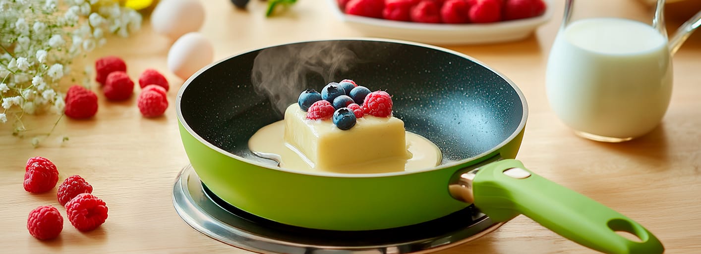 A cube of pancake batter cooking in a green frying pan, topped with fresh blueberries and raspberries. Surrounding the pan are raspberries, eggs, milk, and decorative flowers.